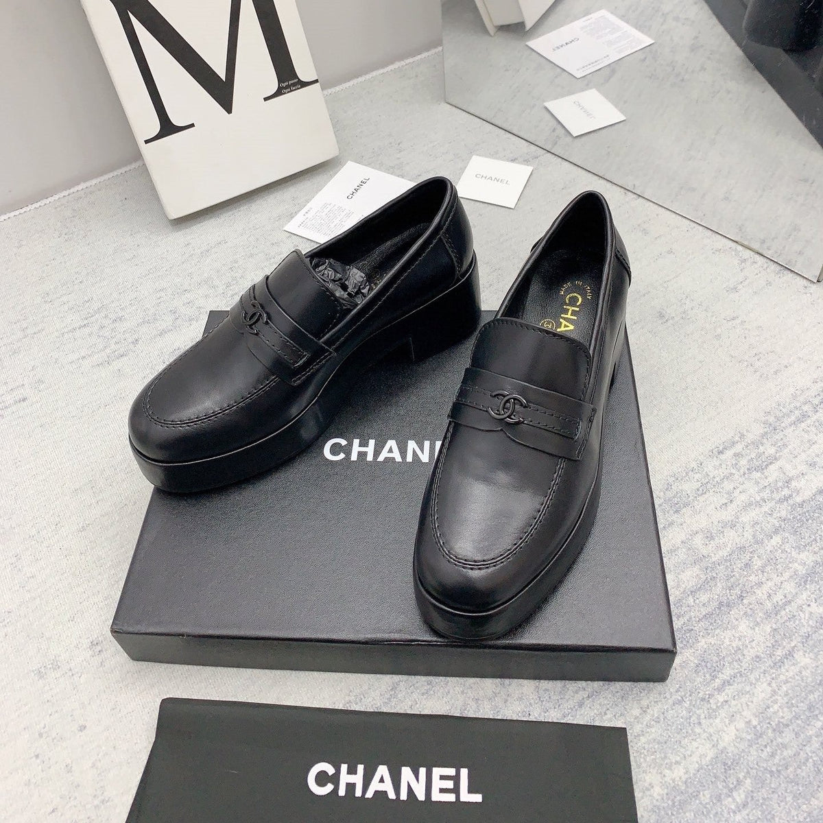 CC 2026 Logo Chunky Platform Loafers Black Leather 161816