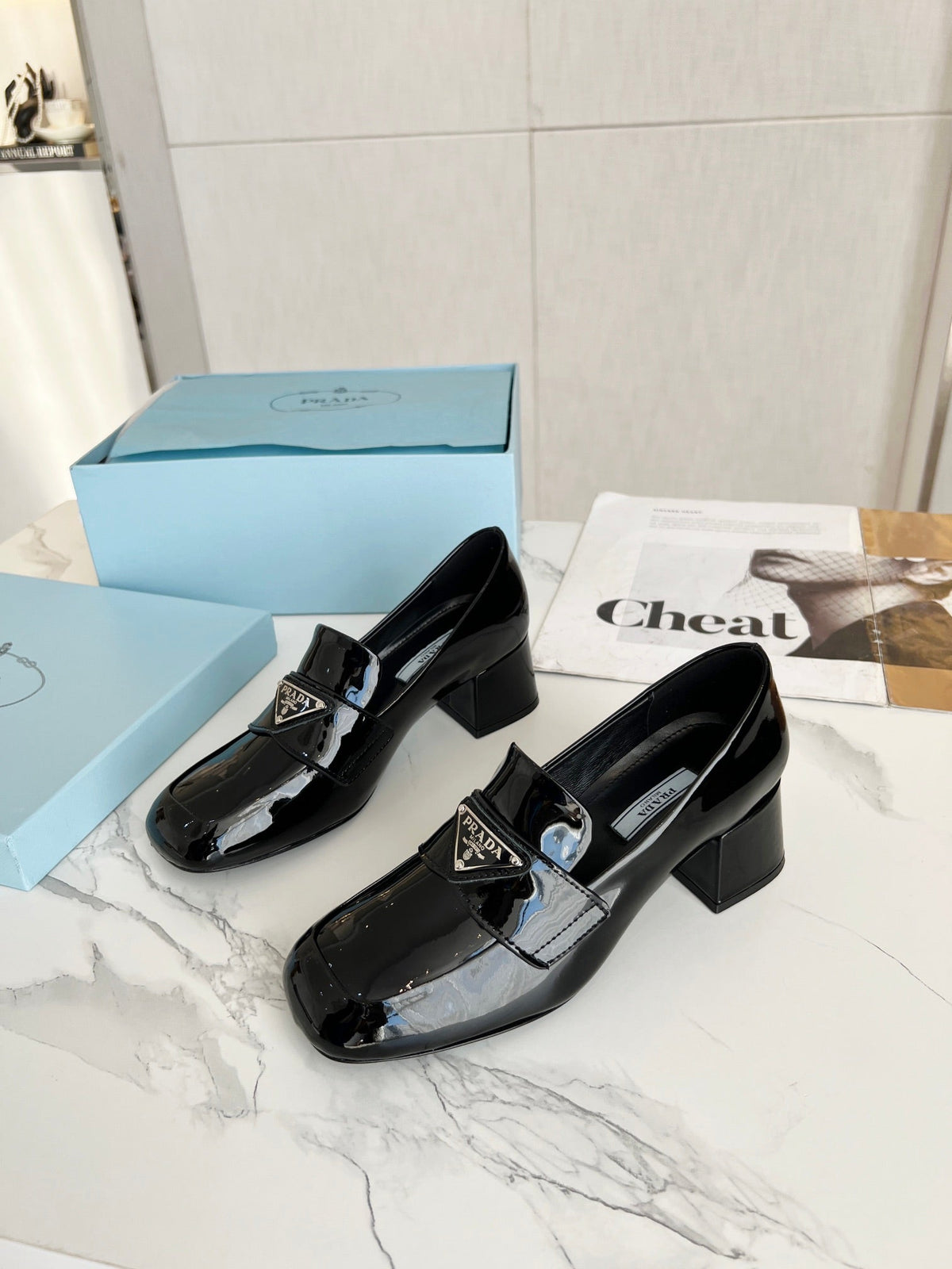 Prada 26S Block Heel Loafers Black Patent Leather 147124