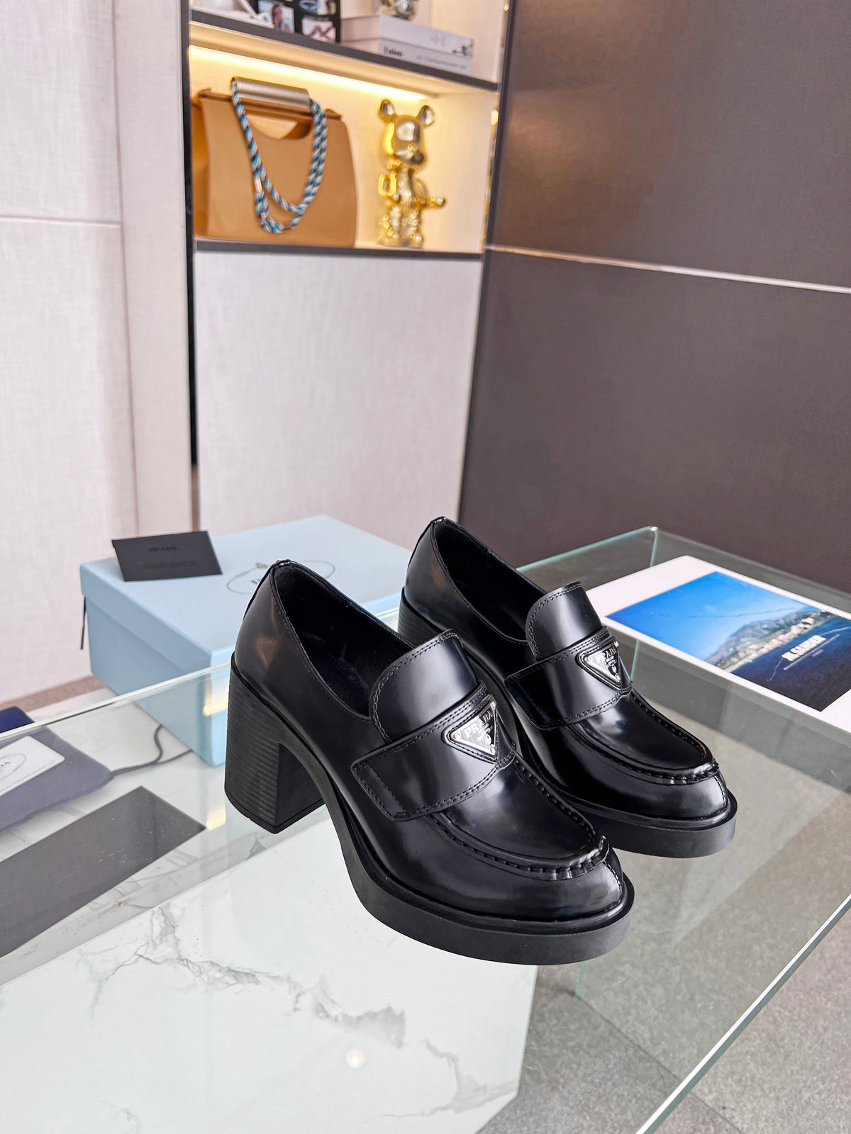 Prada 26S Block Heel Loafers Black Brushed Leather 147121