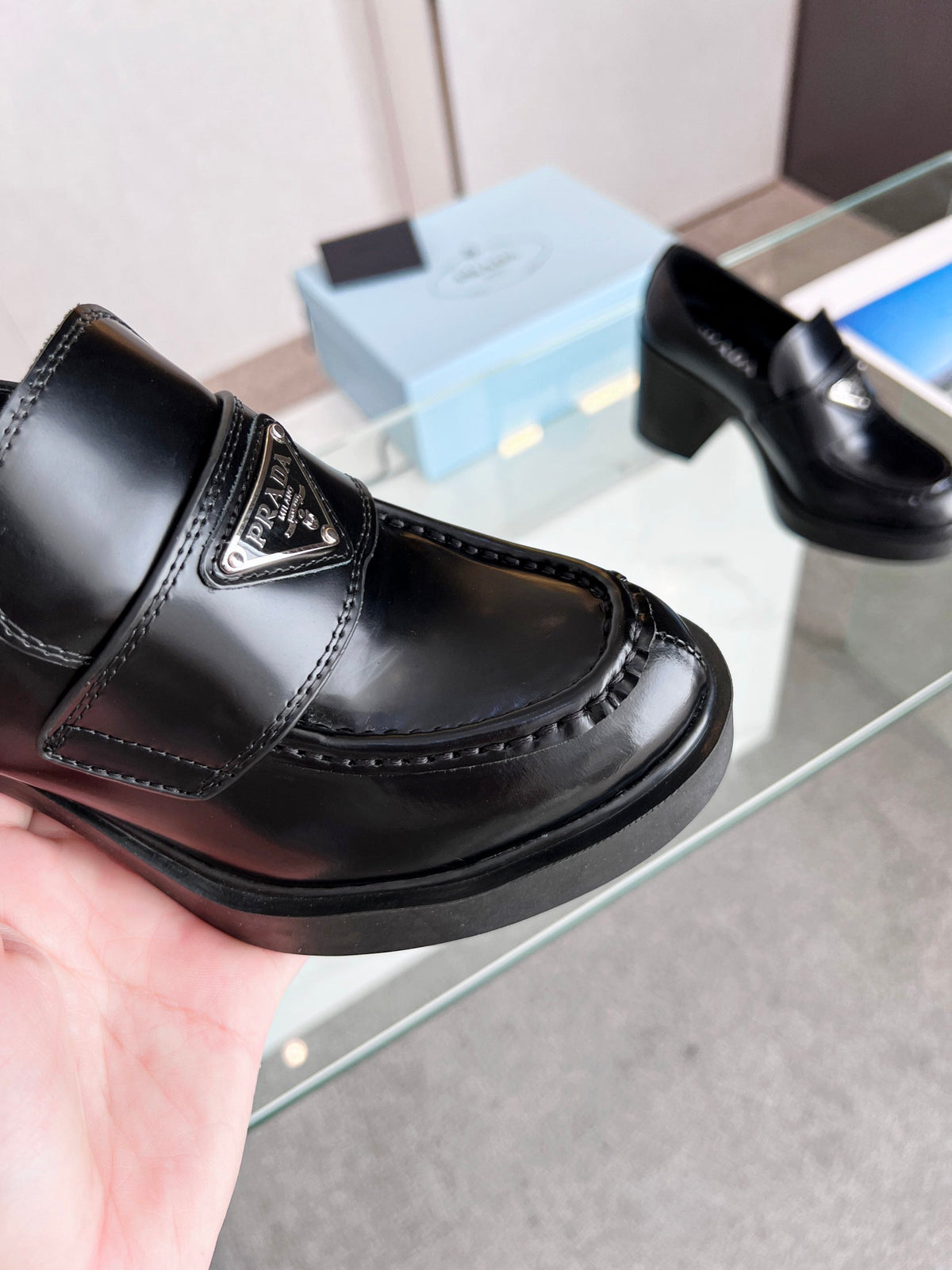 Prada 26S Block Heel Loafers Black Brushed Leather 147121
