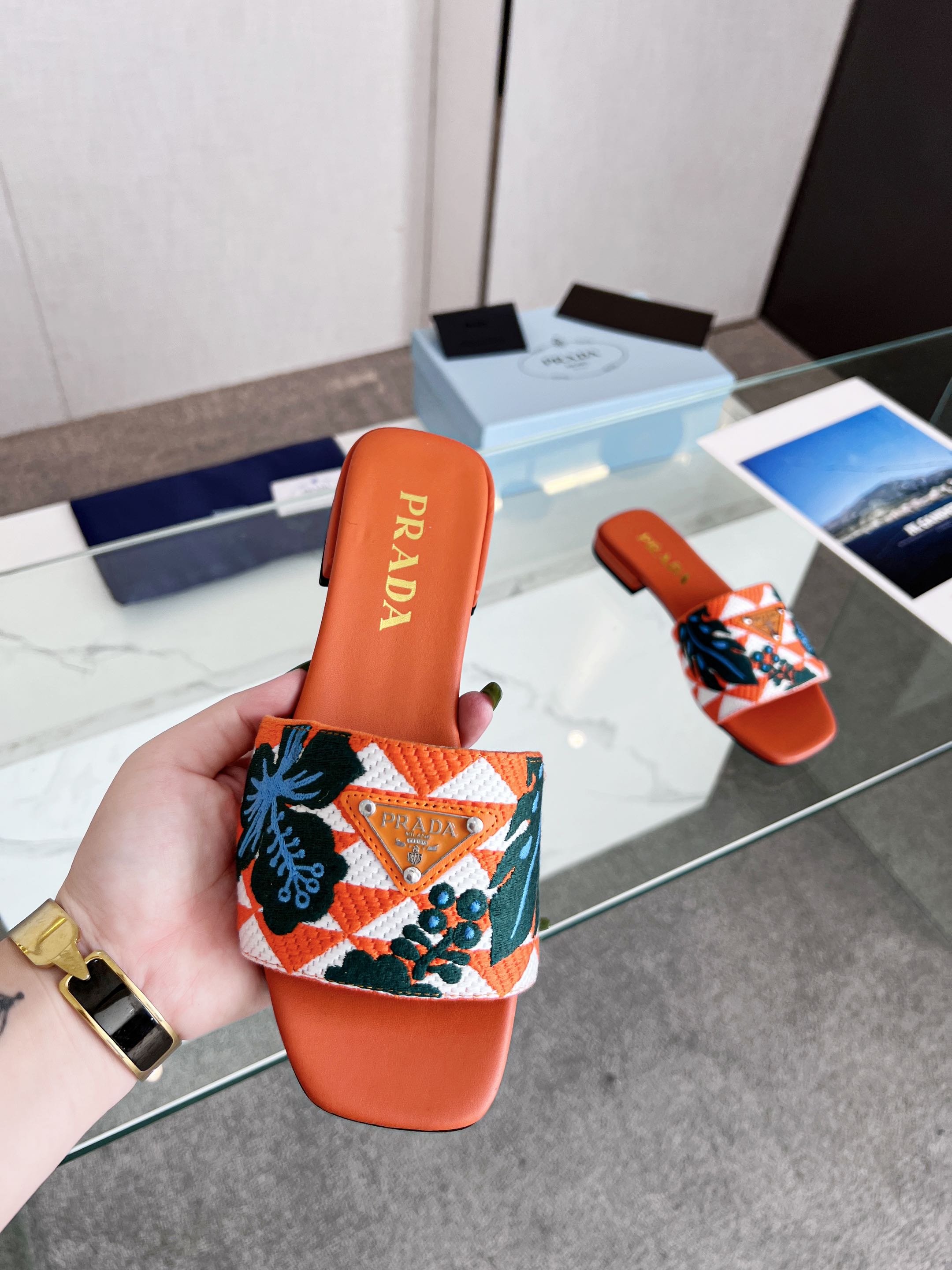 Prada 26s Floral Print Slides Orange Leather Cotton 986595