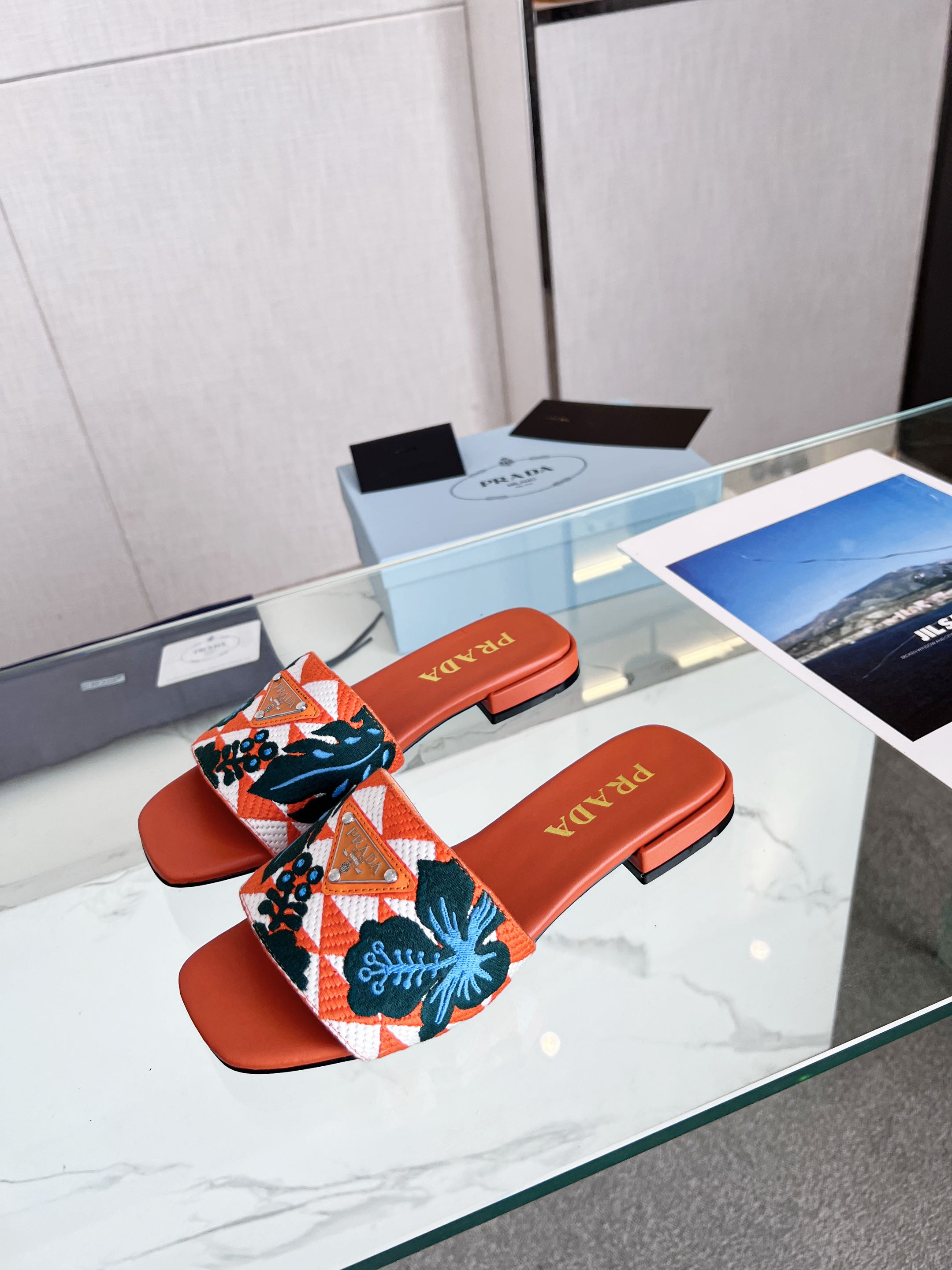 Prada 26s Floral Print Slides Orange Leather Cotton 986595
