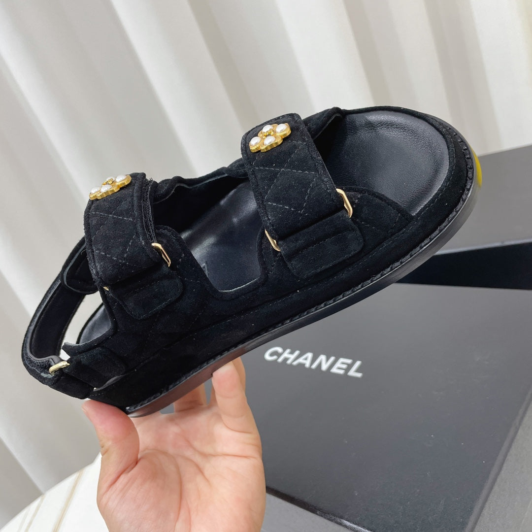Chanel 26s Sandals Black Suede Pearl Camellia Embellishment