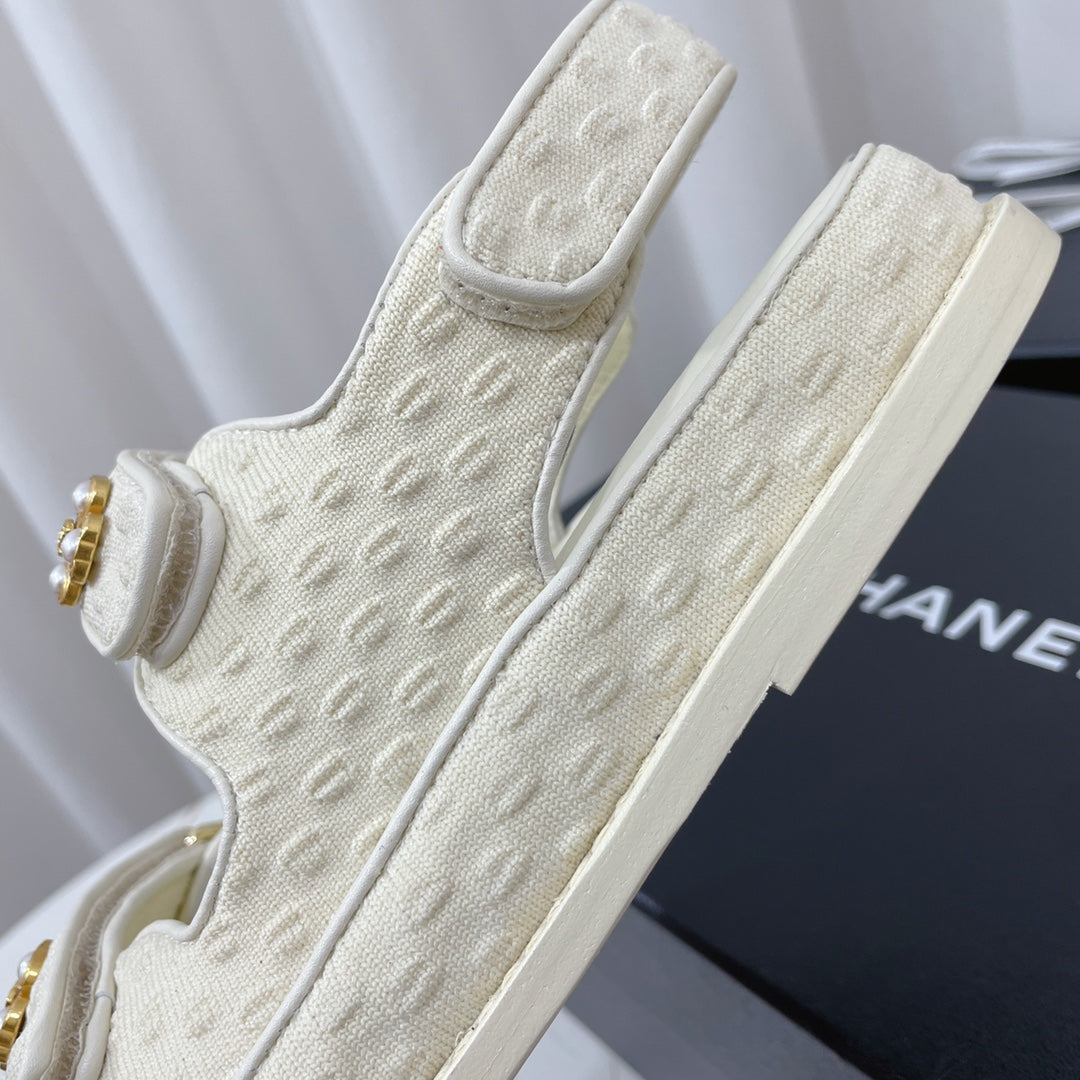 Chanel 26s Sandals White Textured Fabric