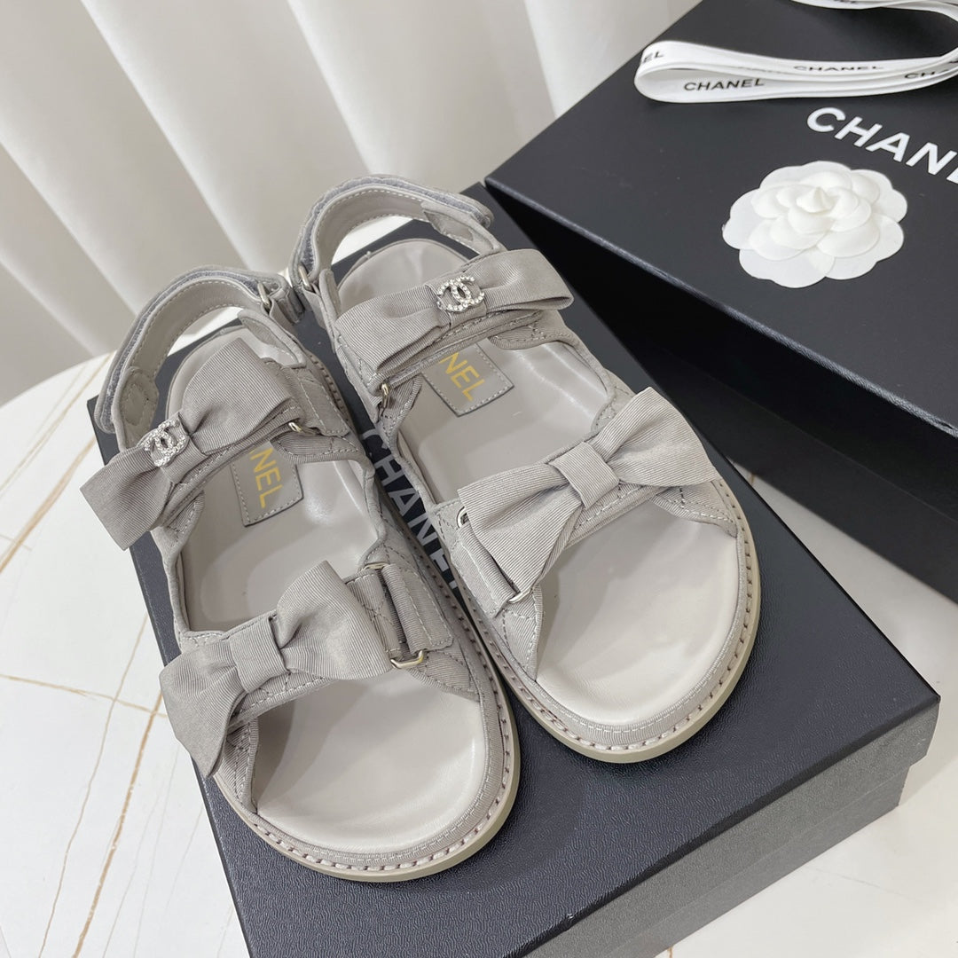 Chanel 26s Sandals Grey Fabric Bow Embellishment