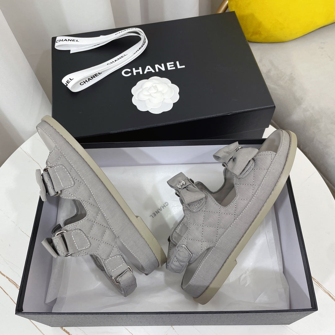 Chanel 26s Sandals Grey Fabric Bow Embellishment