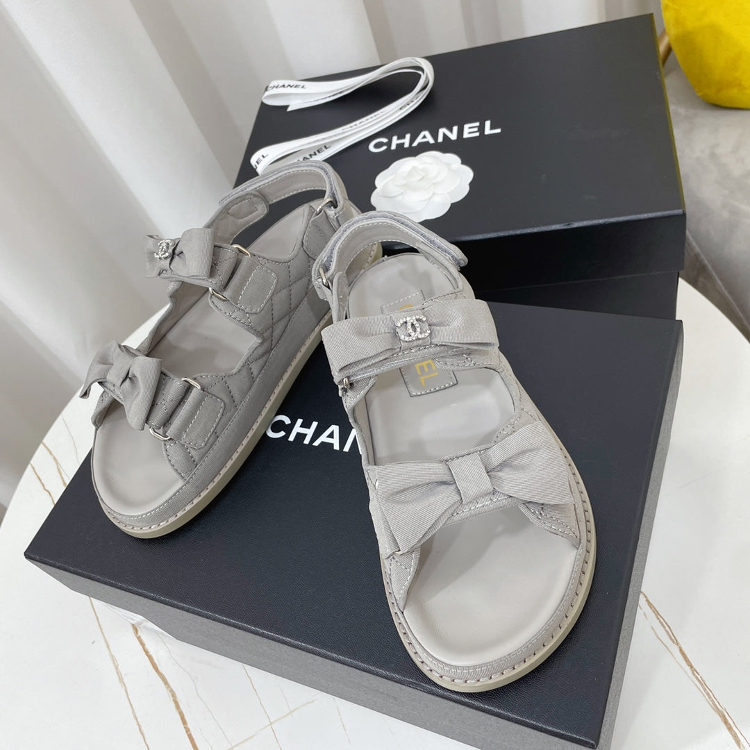 Chanel 26s Sandals Grey Fabric Bow Embellishment