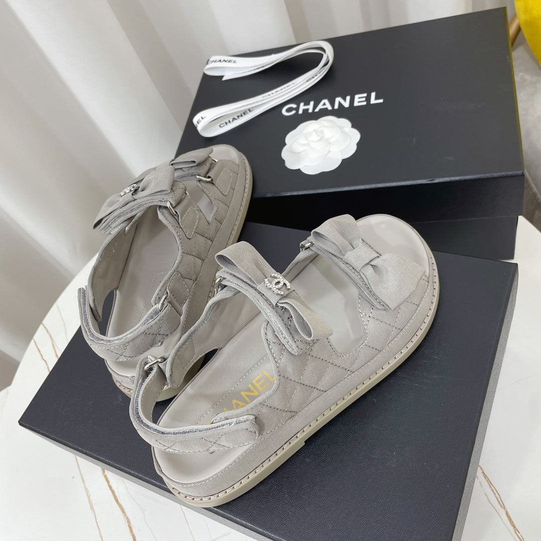 Chanel 26s Sandals Grey Fabric Bow Embellishment