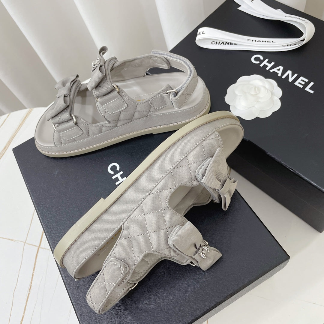 Chanel 26s Sandals Grey Fabric Bow Embellishment