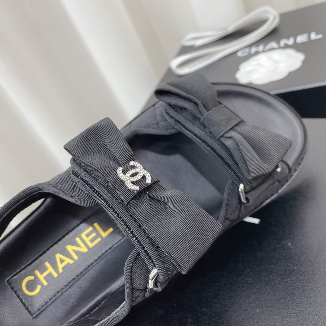 Chanel 26s Sandals Black Fabric Bow Embellishment