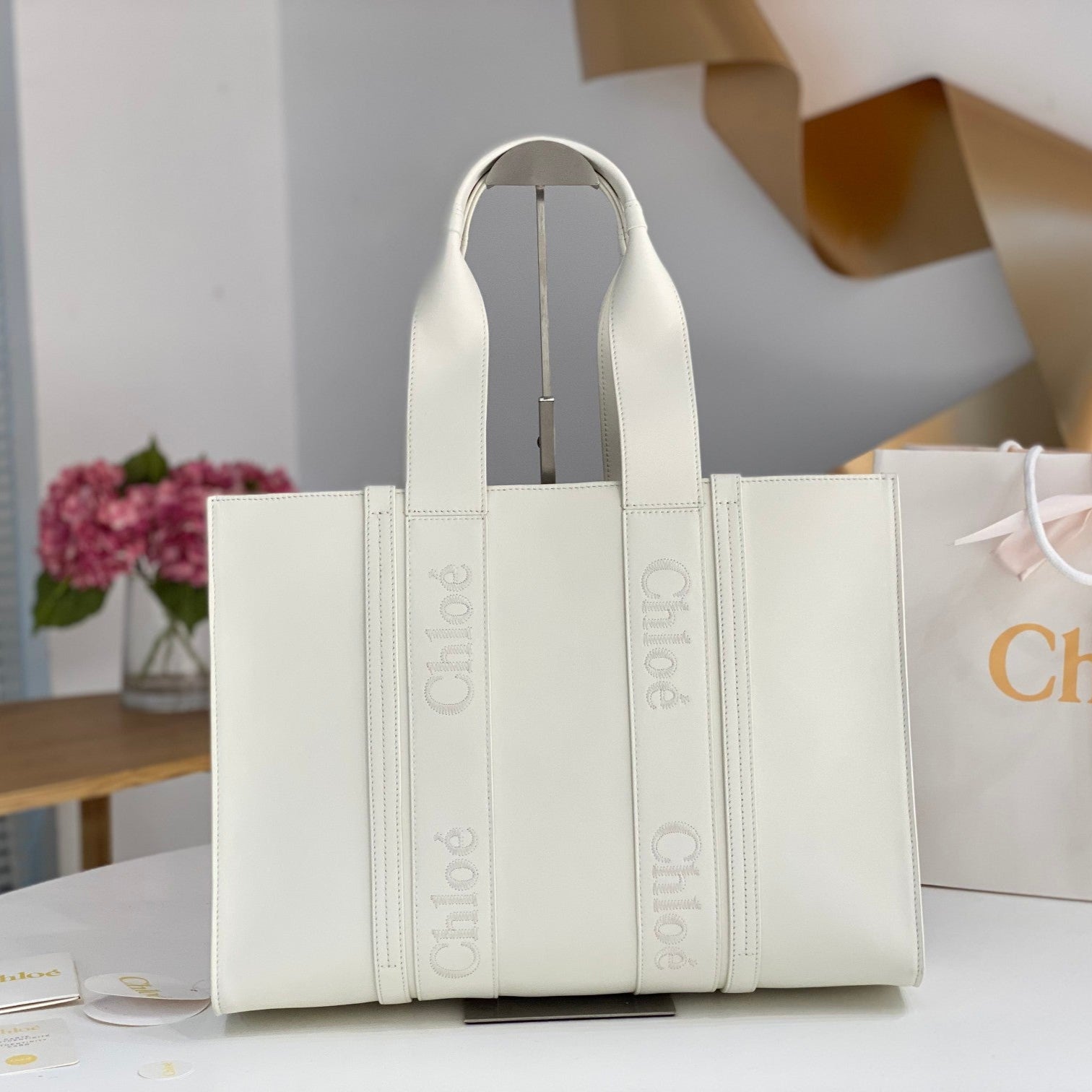 Chloé Woody Tote Bag 45cm White Calfskin 531226
