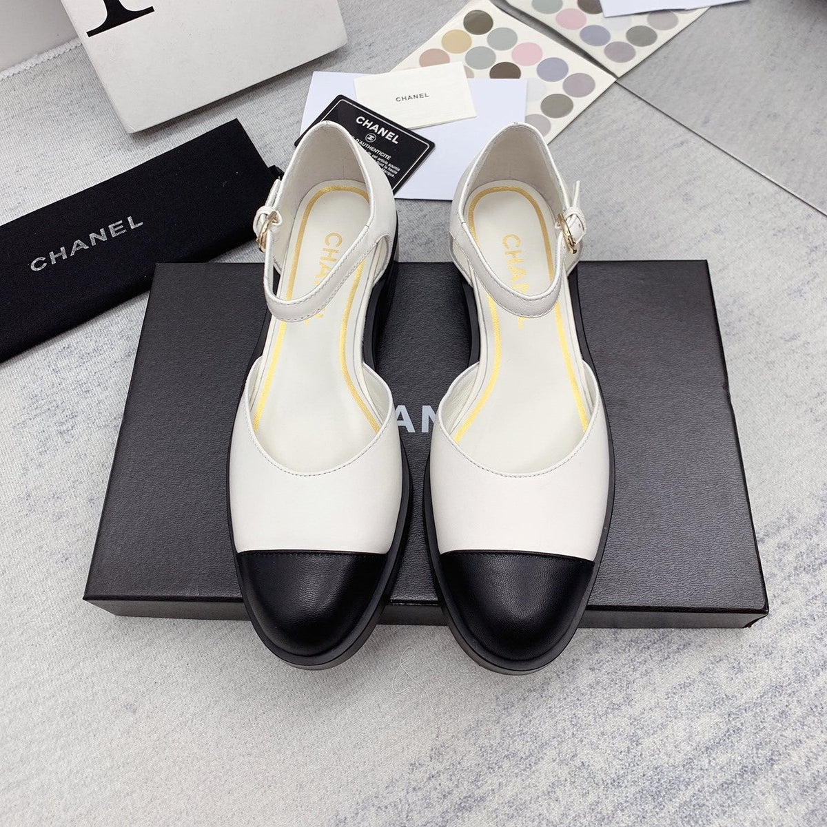 CC 26s Mary Janes White Black Lambskin Grosgrain 159883