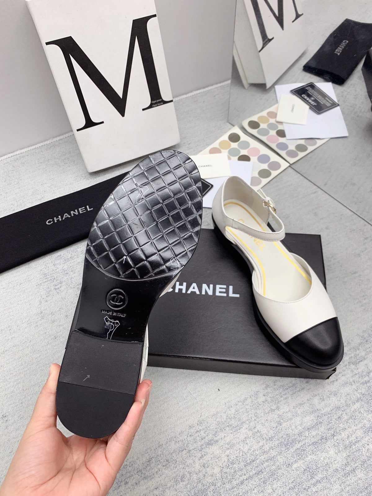 CC 26s Mary Janes White Black Lambskin Grosgrain 159883