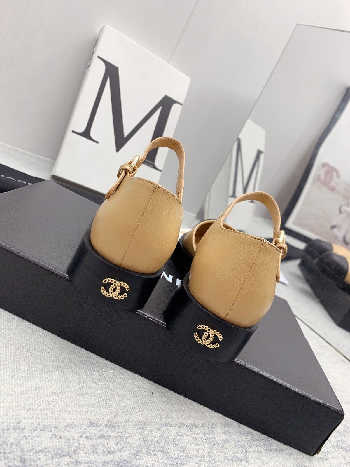 CC 26s Mary Janes Beige Black Lambskin Grosgrain 159947