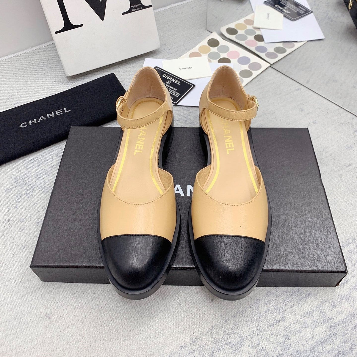 CC 26s Mary Janes Beige Black Lambskin Grosgrain 159947