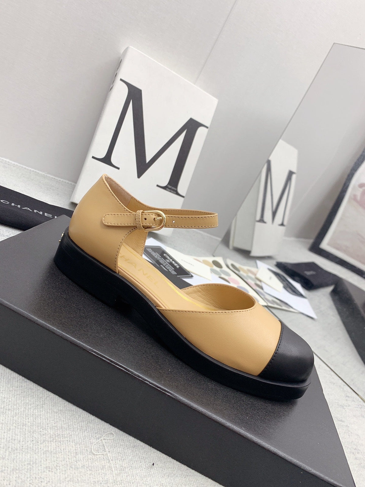 CC 26s Mary Janes Beige Black Lambskin Grosgrain 159947