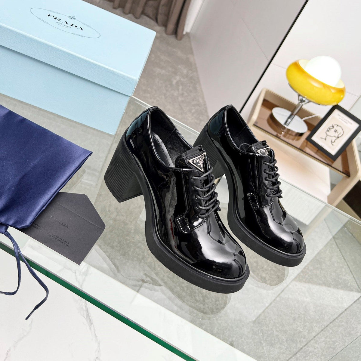 Prada 26S Lace-Up Block Heel Oxfords Black Patent Leather 147122