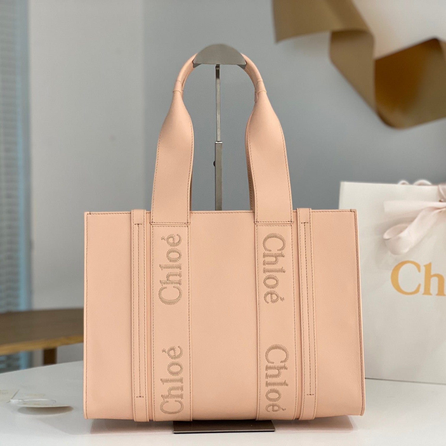 Chloé Woody tote bag pink 37cm calfskin 531241