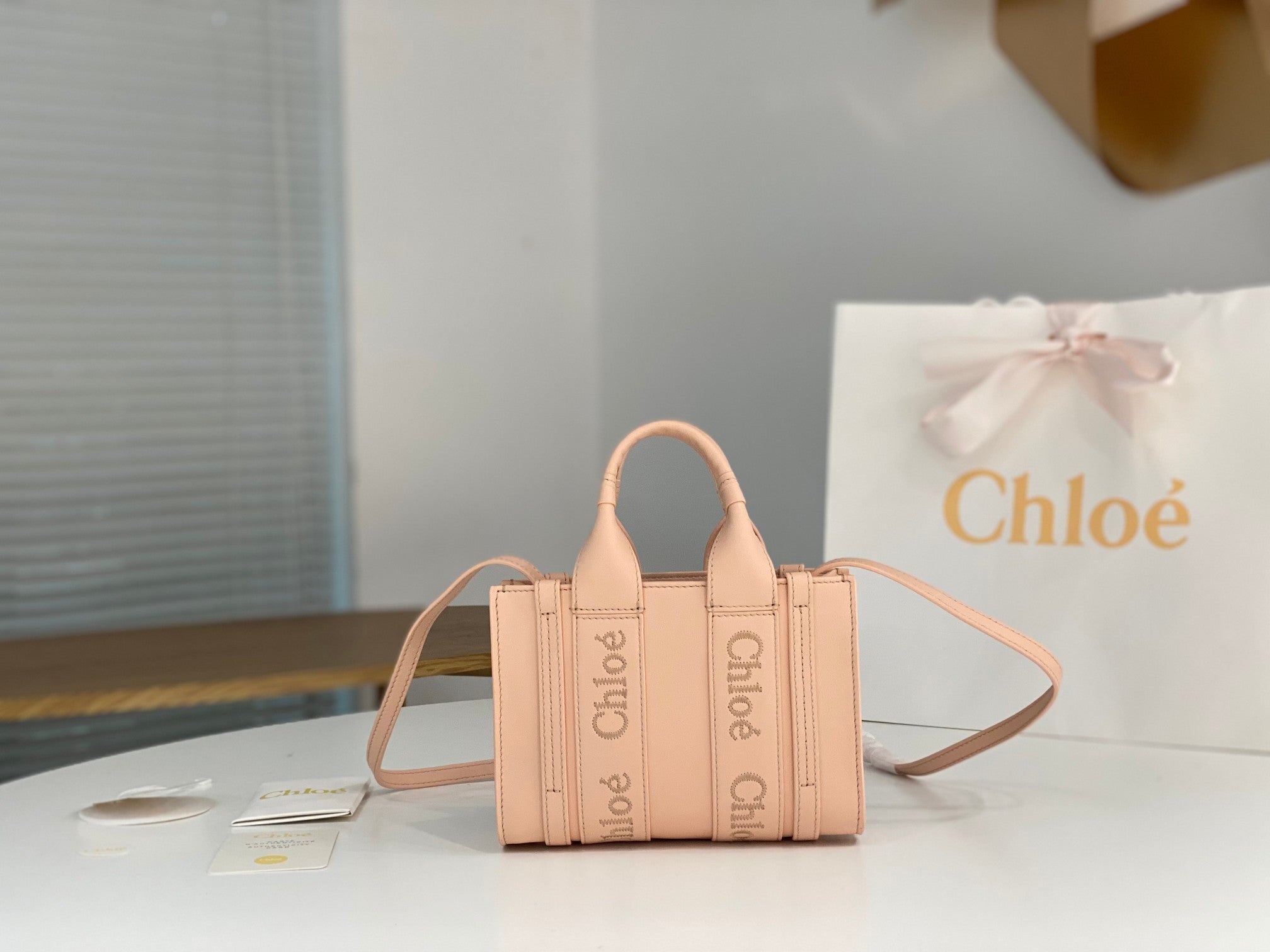 Chloé Woody mini tote bag 20cm pink calfskin