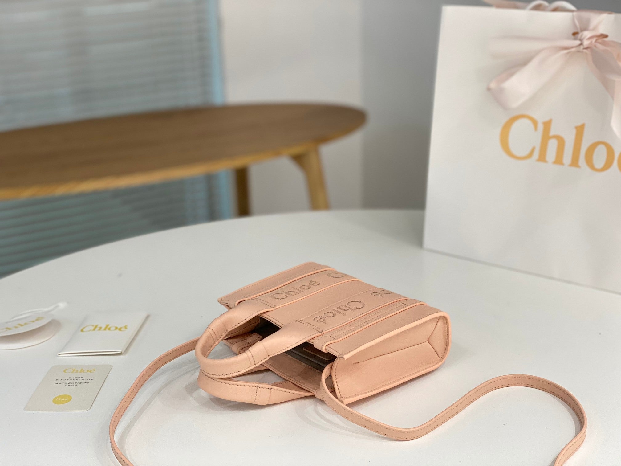 Chloé Woody mini tote bag 20cm pink calfskin