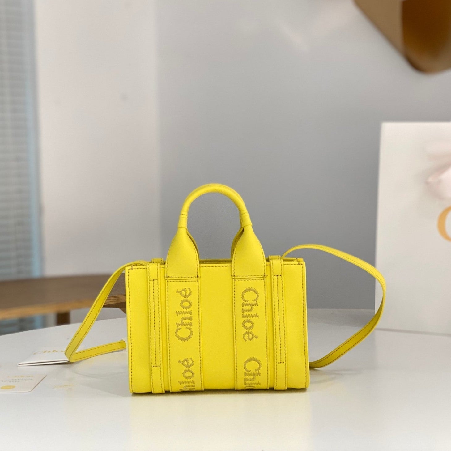 Chloé Woody mini tote bag 20cm yellow calfskin