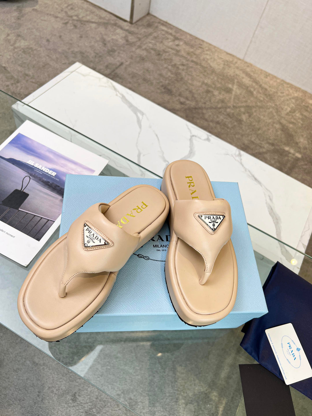 Prada 26s Platform Thong Sandals Beige Leather 140399