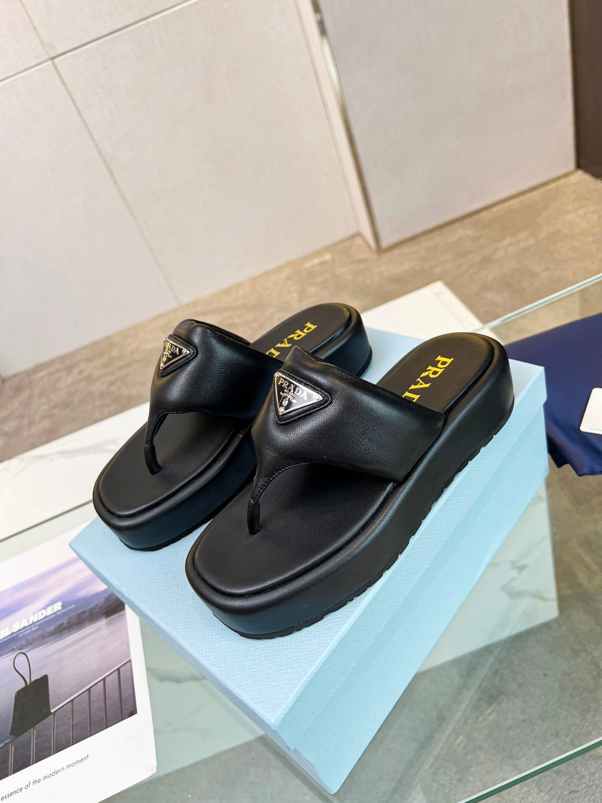 Prada 26s Platform Thong Sandals Black Leather 140401