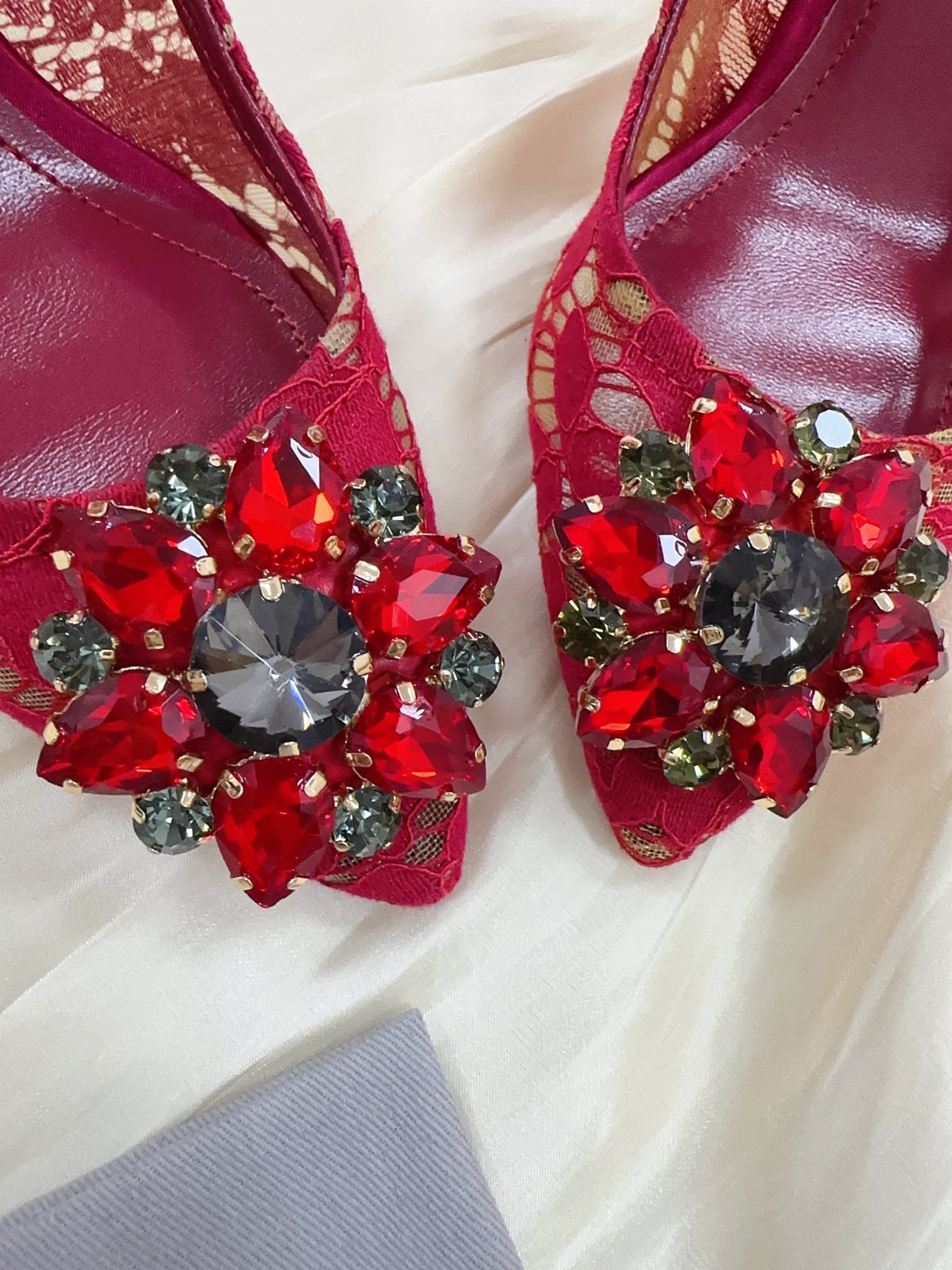 DC Floral Crystal Pumps Red Genuine Leather & Lace 324771