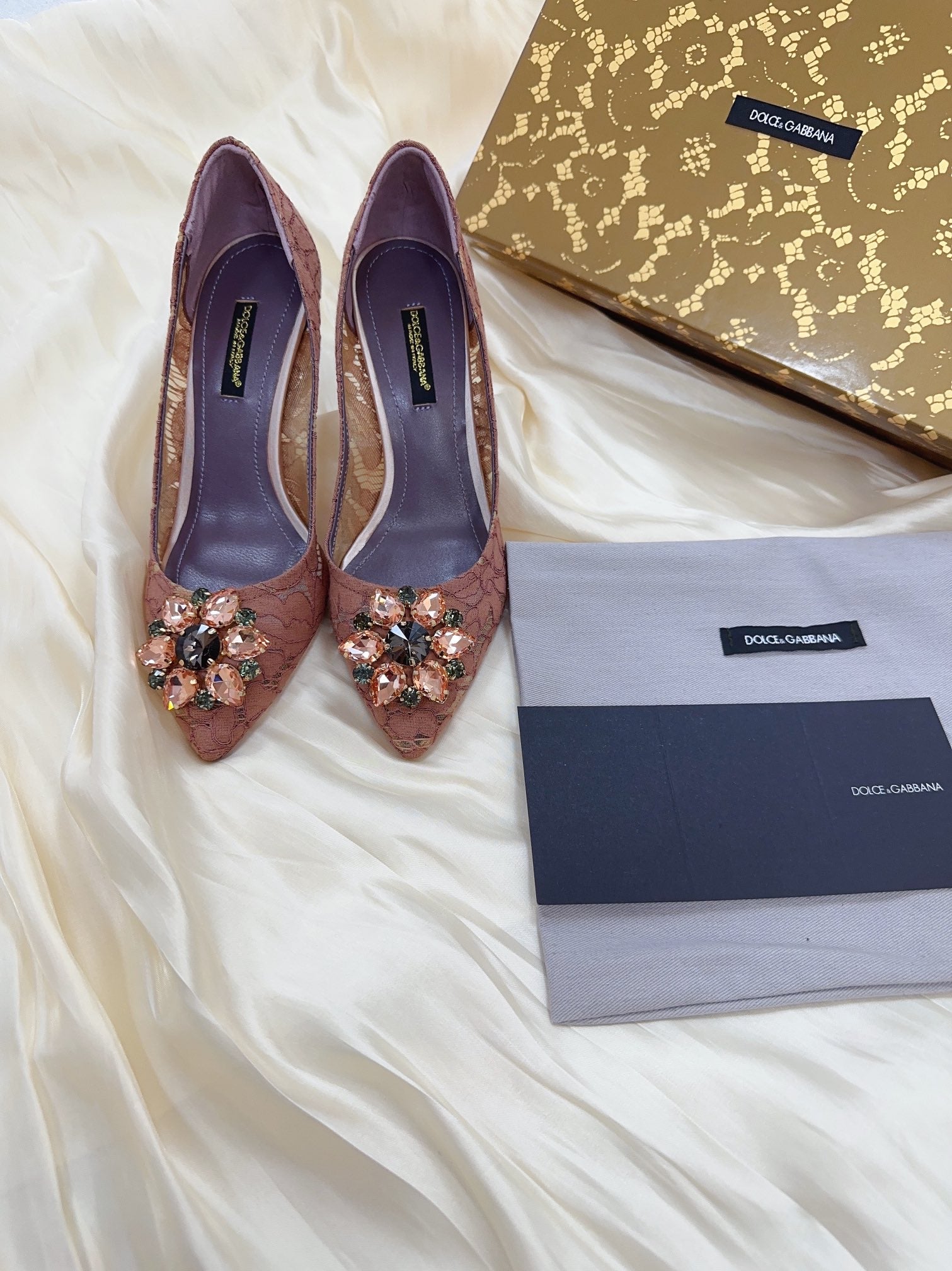 DC Floral Crystal Pumps Muted Red-Brown Genuine Leather & Lace 324773