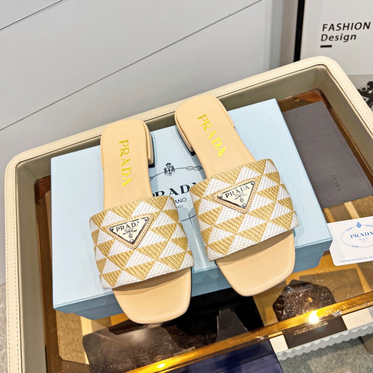 Prada 26s Enameled Metal Triangle Printed Slides White Beige Leather Cotton 986590
