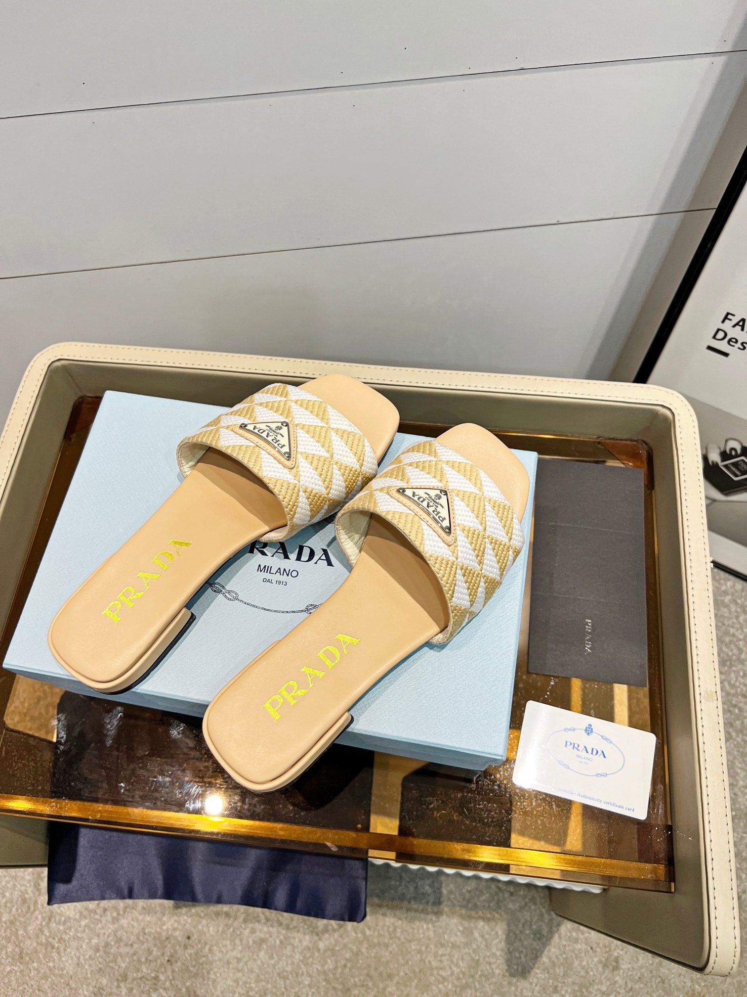 Prada 26s Enameled Metal Triangle Printed Slides White Beige Leather Cotton 986590