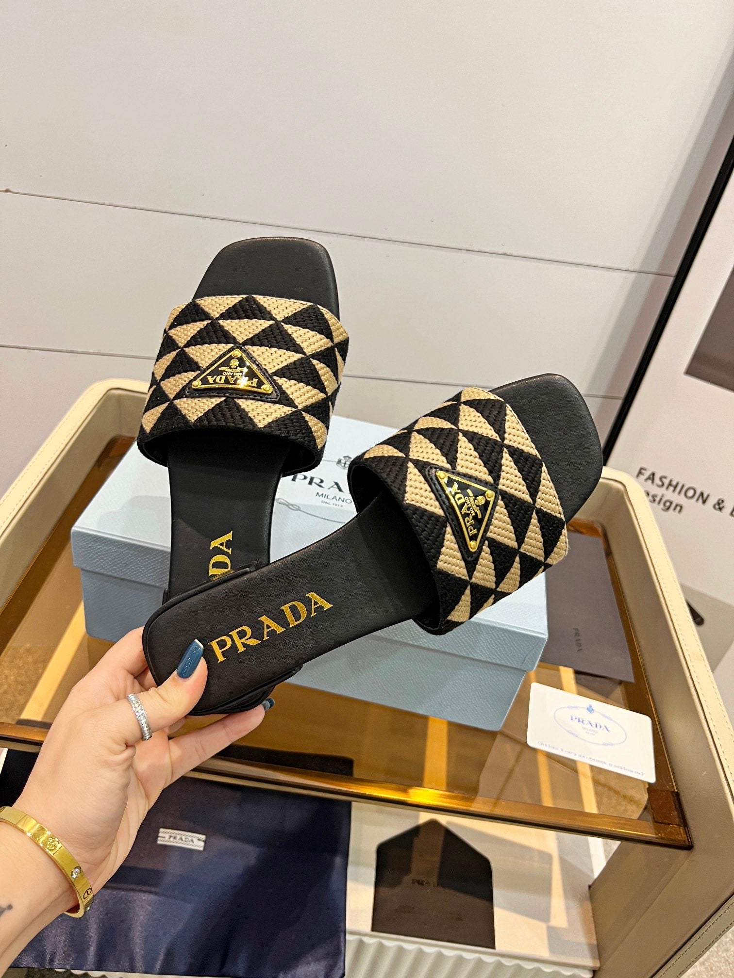 Prada 26s Enameled Metal Triangle Printed Slides Black Beige Leather Cotton 986592