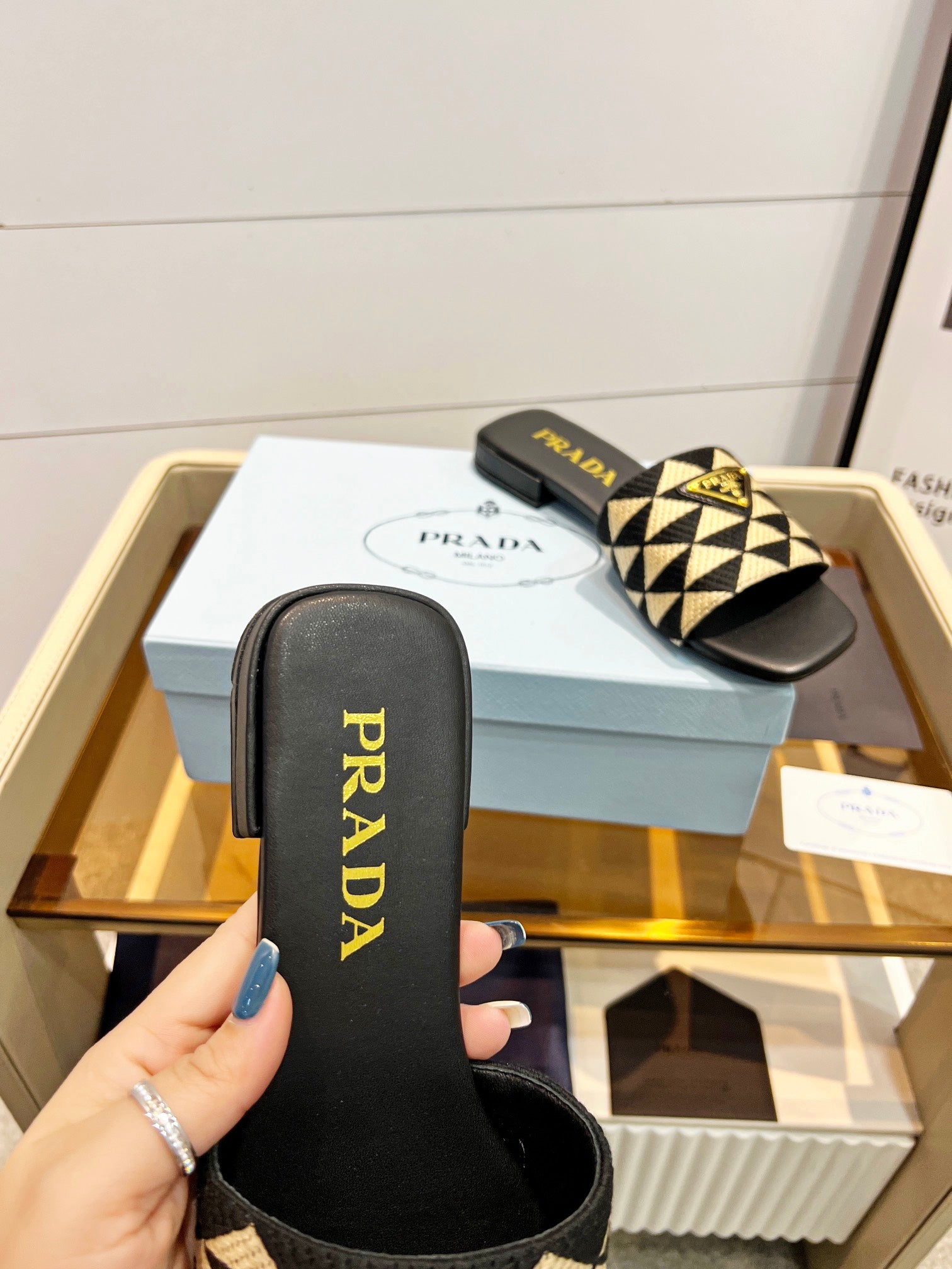 Prada 26s Enameled Metal Triangle Printed Slides Black Beige Leather Cotton 986592