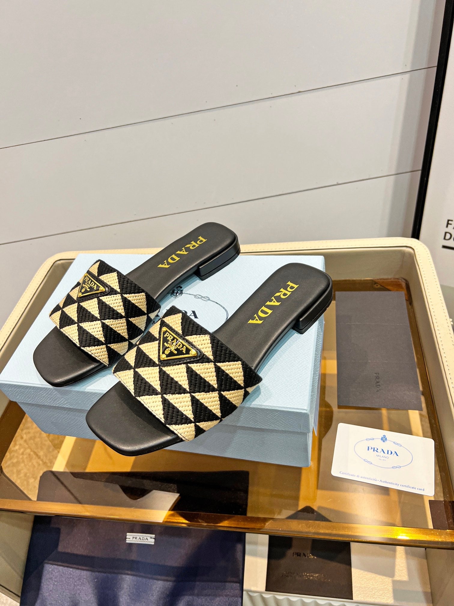Prada 26s Enameled Metal Triangle Printed Slides Black Beige Leather Cotton 986592