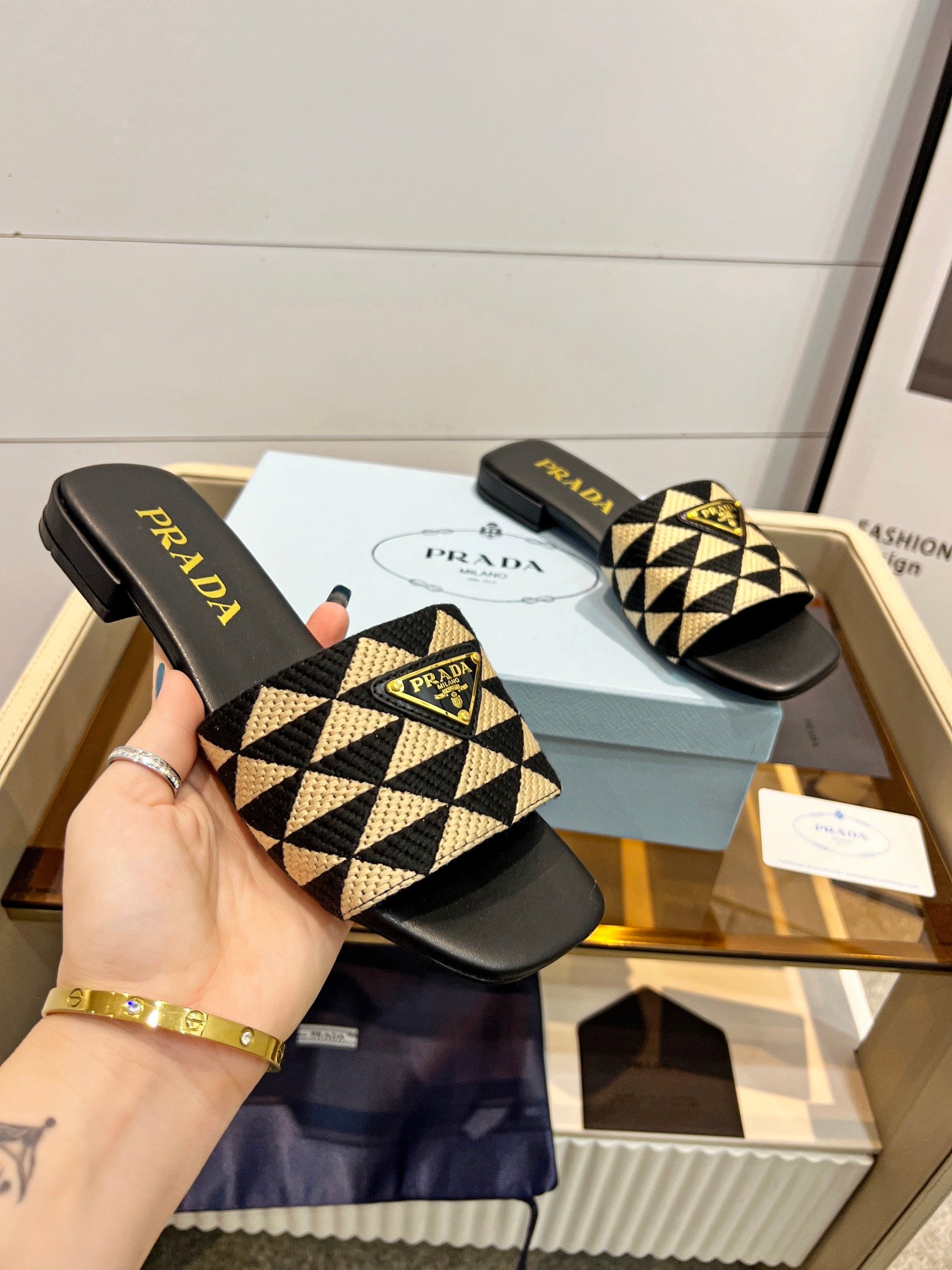 Prada 26s Enameled Metal Triangle Printed Slides Black Beige Leather Cotton 986592
