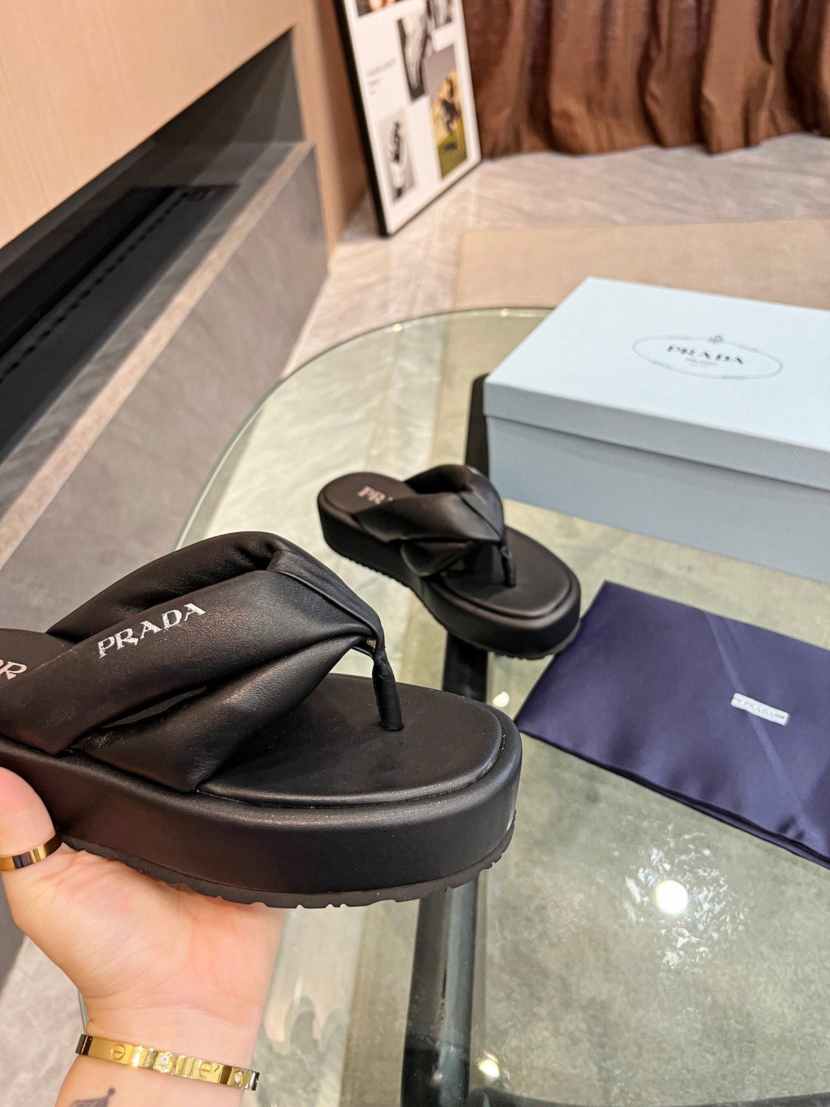 Prada 26s Platform Thong Sandals Black Leather 140404