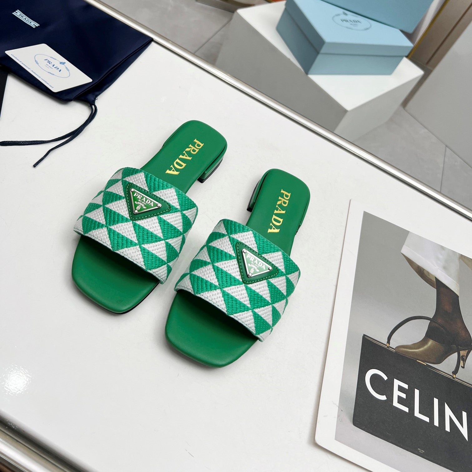 Prada 26s Enameled Metal Triangle Printed Slides Green Leather Cotton 986592