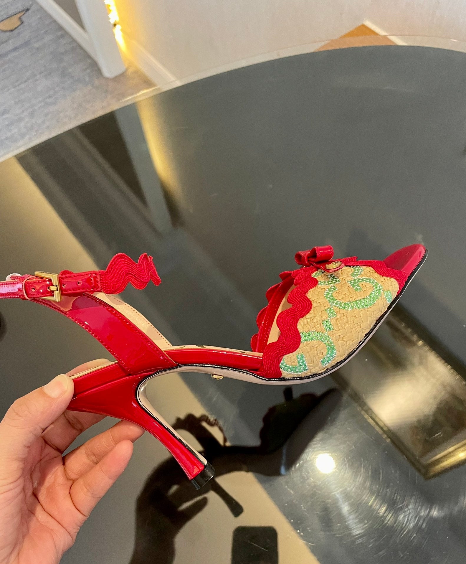 GG Kertu Heel Sandals 8cm Beige Red Green Raffia Leather 695680