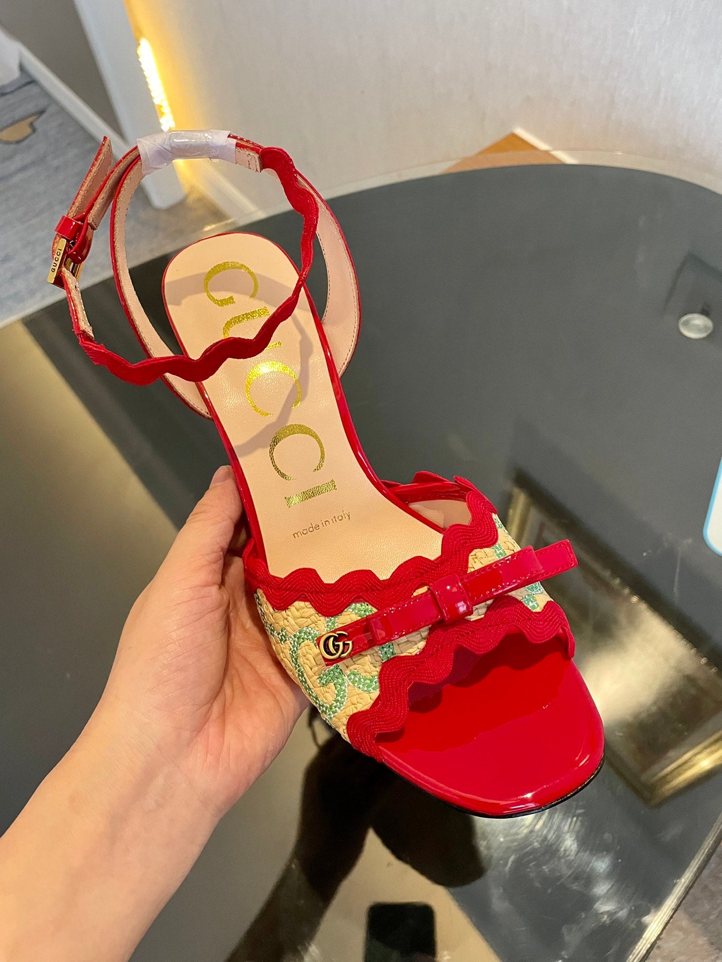 GG Kertu Heel Sandals 8cm Beige Red Green Raffia Leather 695680