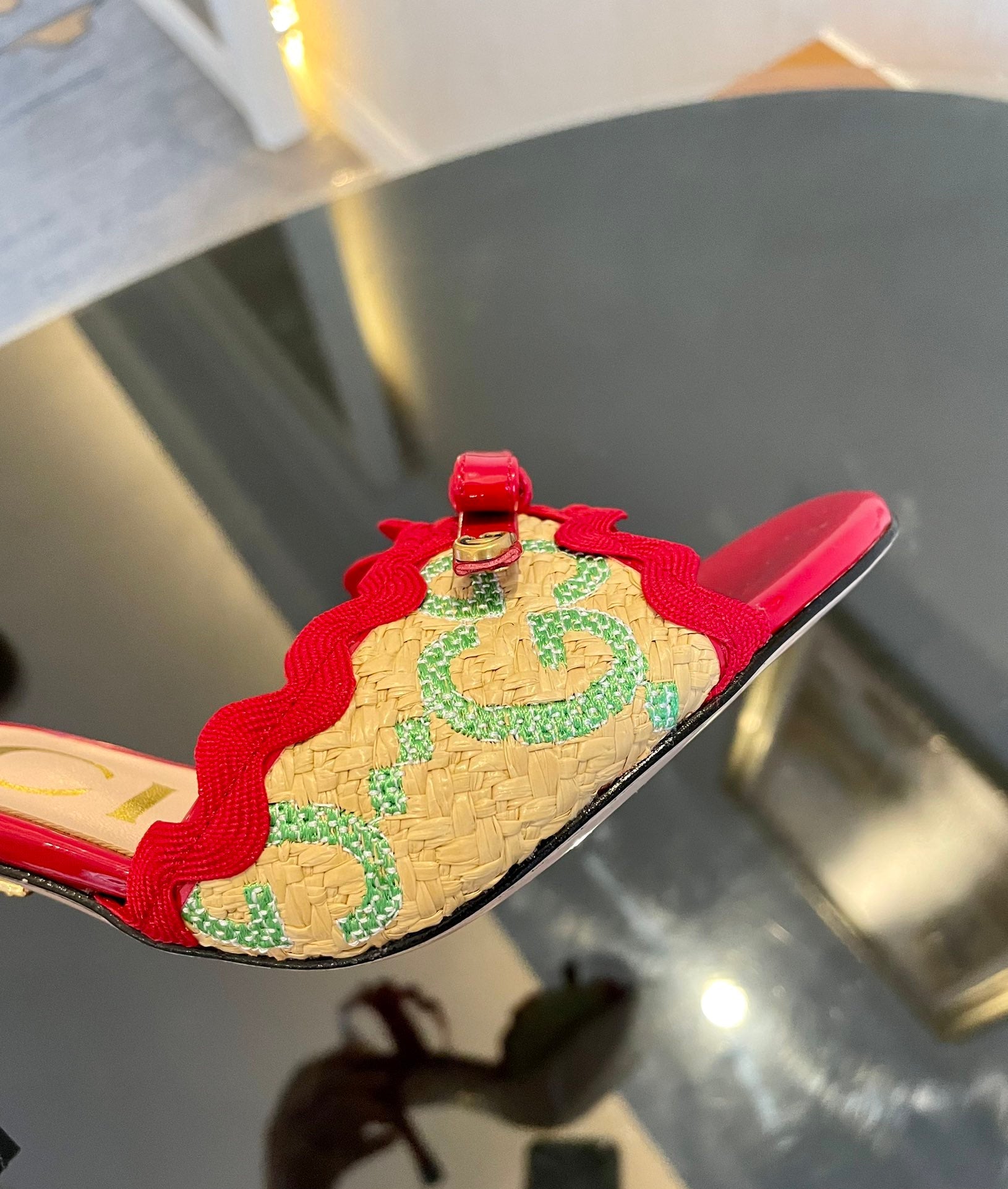 GG Kertu Heel Sandals 8cm Beige Red Green Raffia Leather 695680