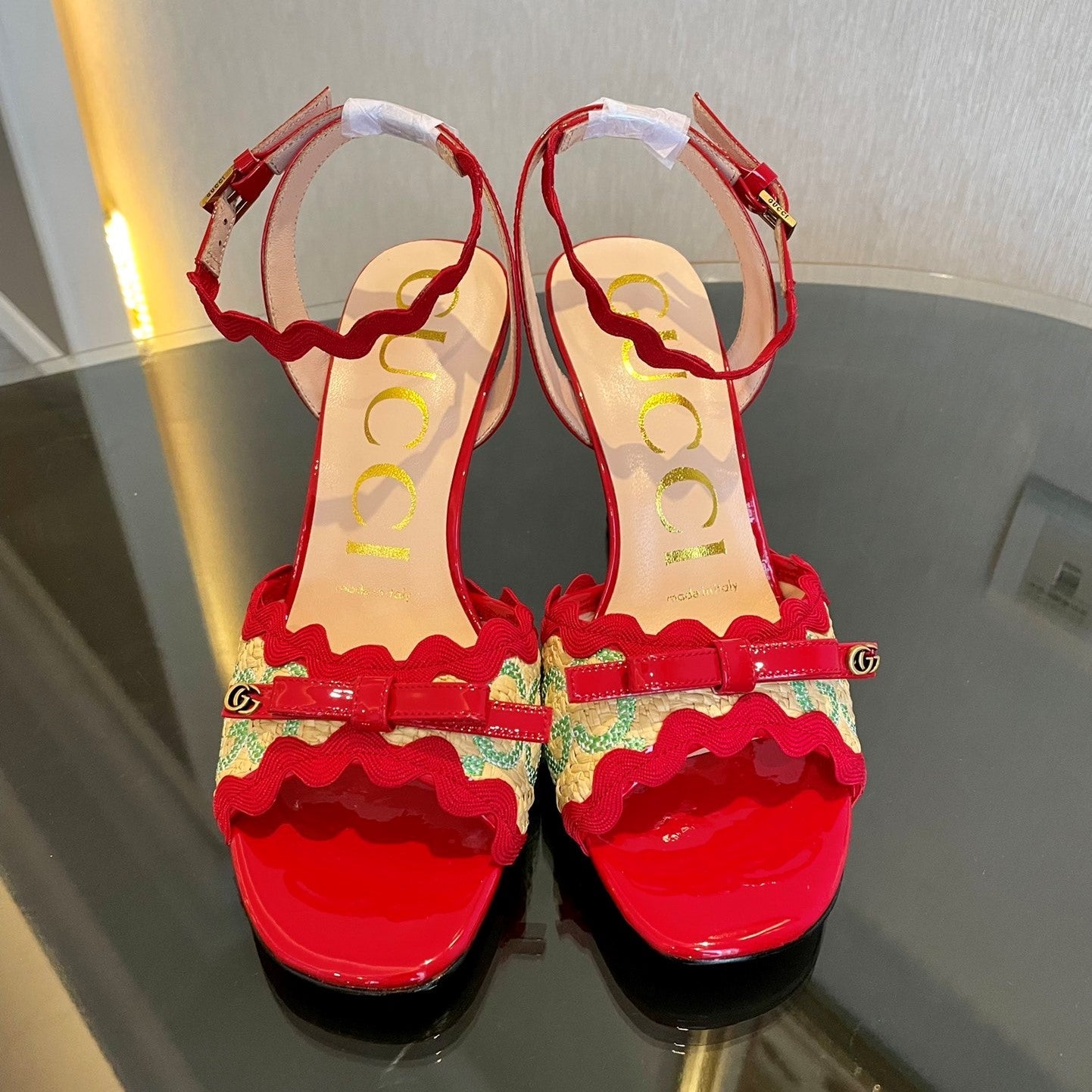 GG Kertu Heel Sandals 8cm Beige Red Green Raffia Leather 695680