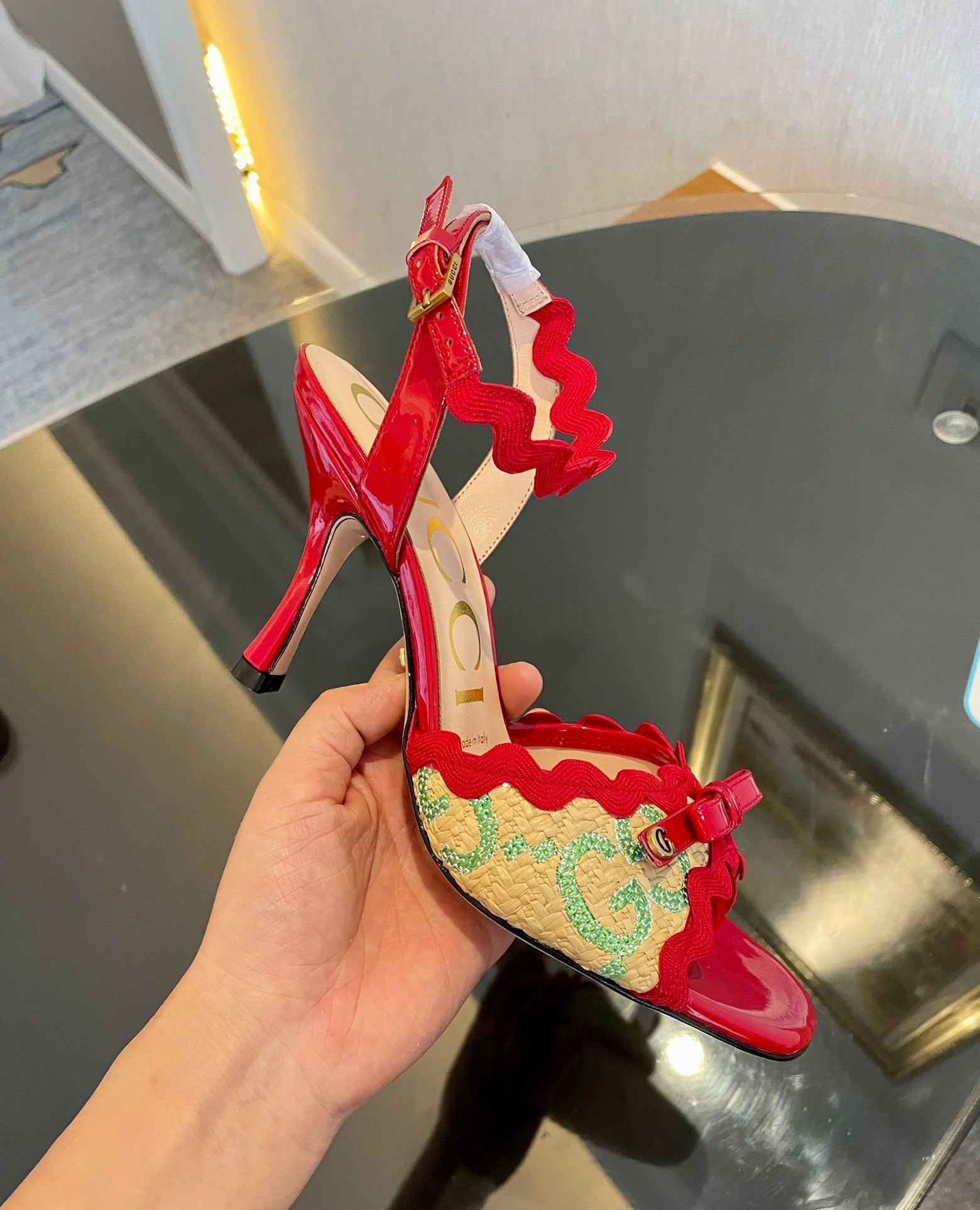 GG Kertu Heel Sandals 8cm Beige Red Green Raffia Leather 695680