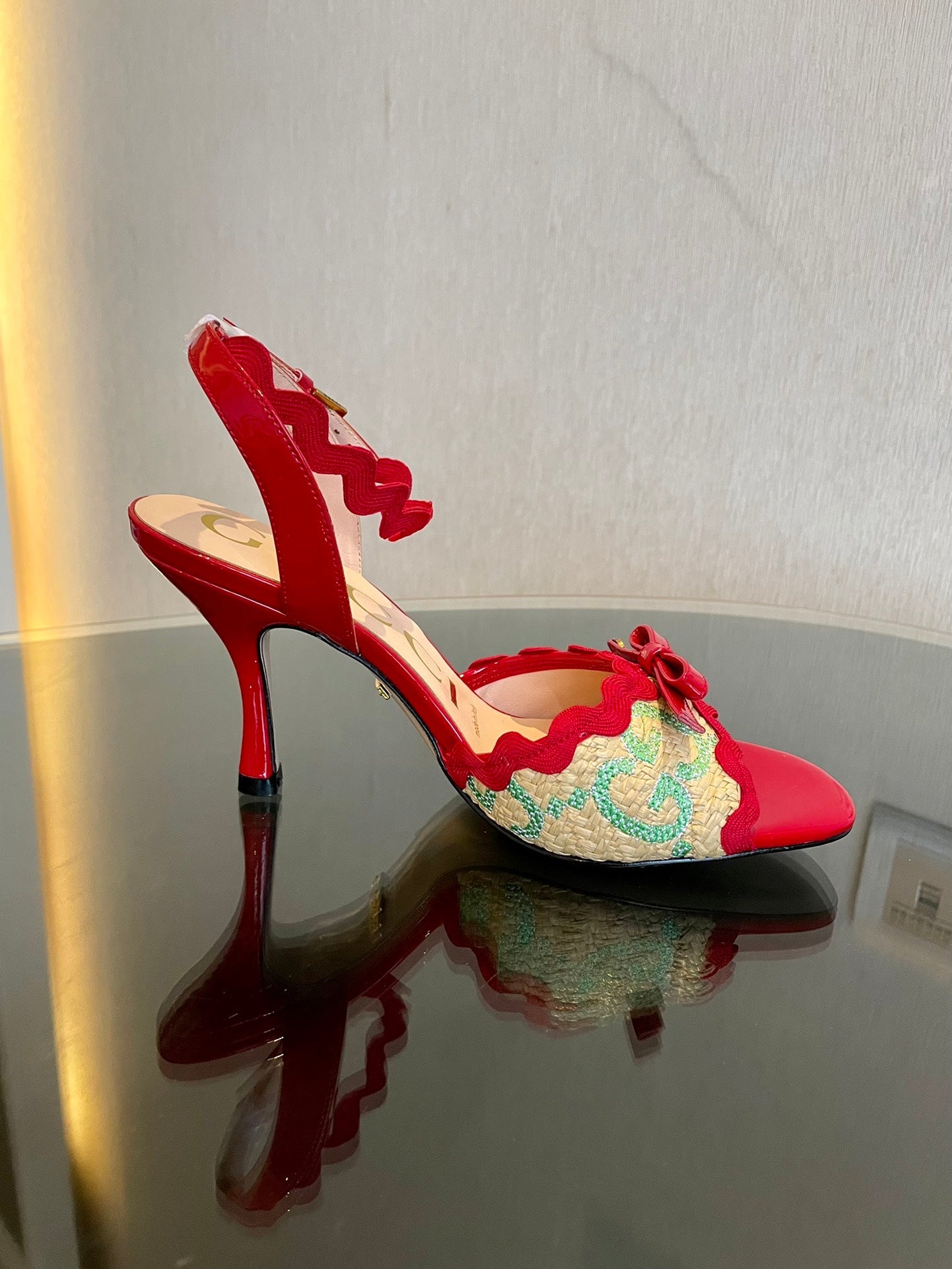 GG Kertu Heel Sandals 8cm Beige Red Green Raffia Leather 695680