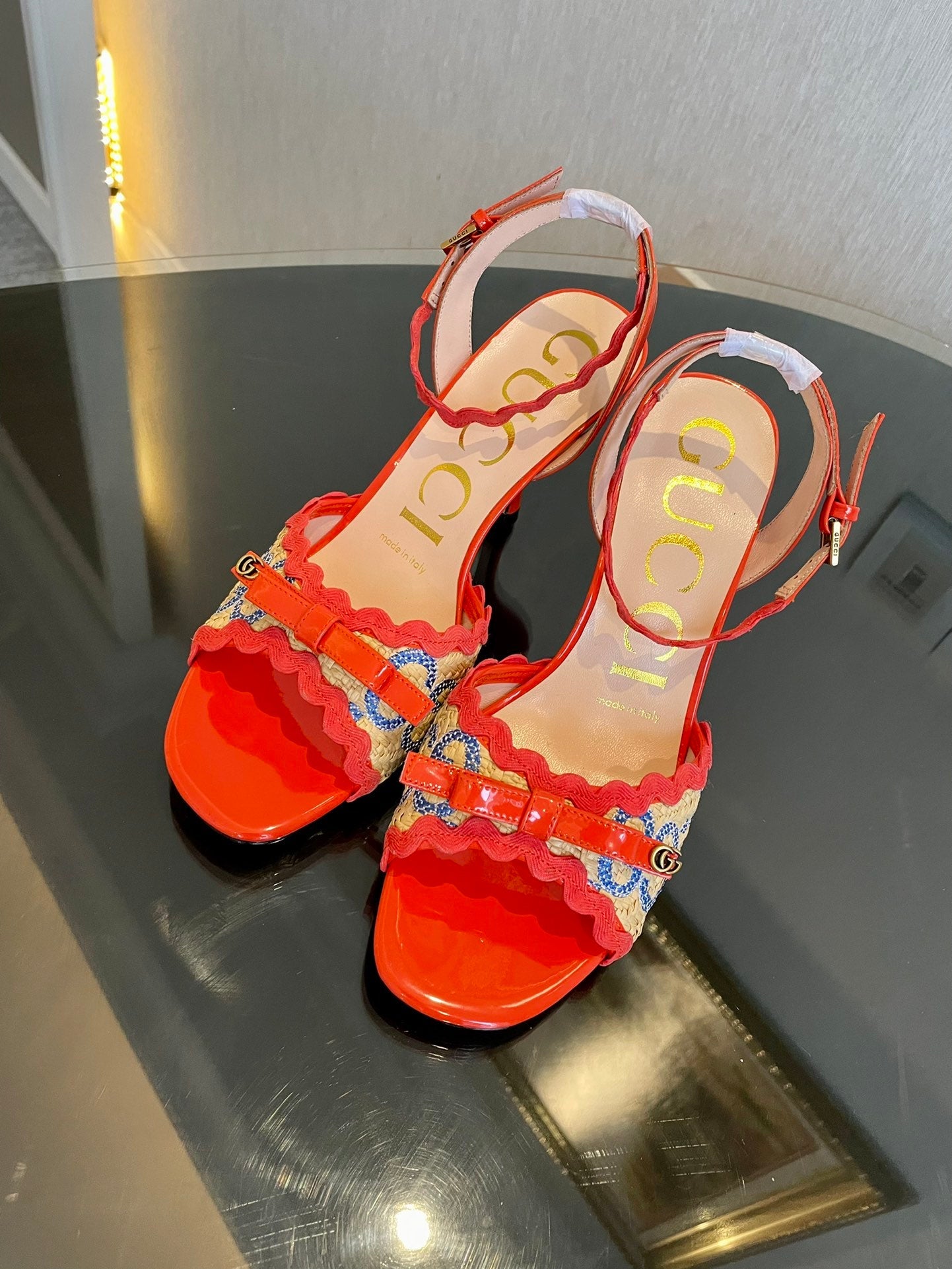 GG Kertu Heel Sandals 8cm Beige Red Blue Raffia Leather 695681