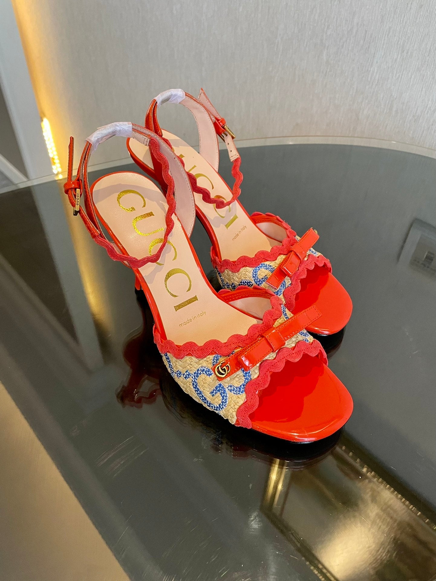 GG Kertu Heel Sandals 8cm Beige Red Blue Raffia Leather 695681