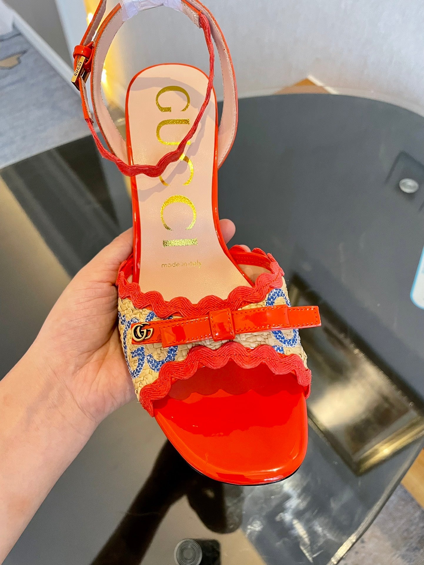 GG Kertu Heel Sandals 8cm Beige Red Blue Raffia Leather 695681