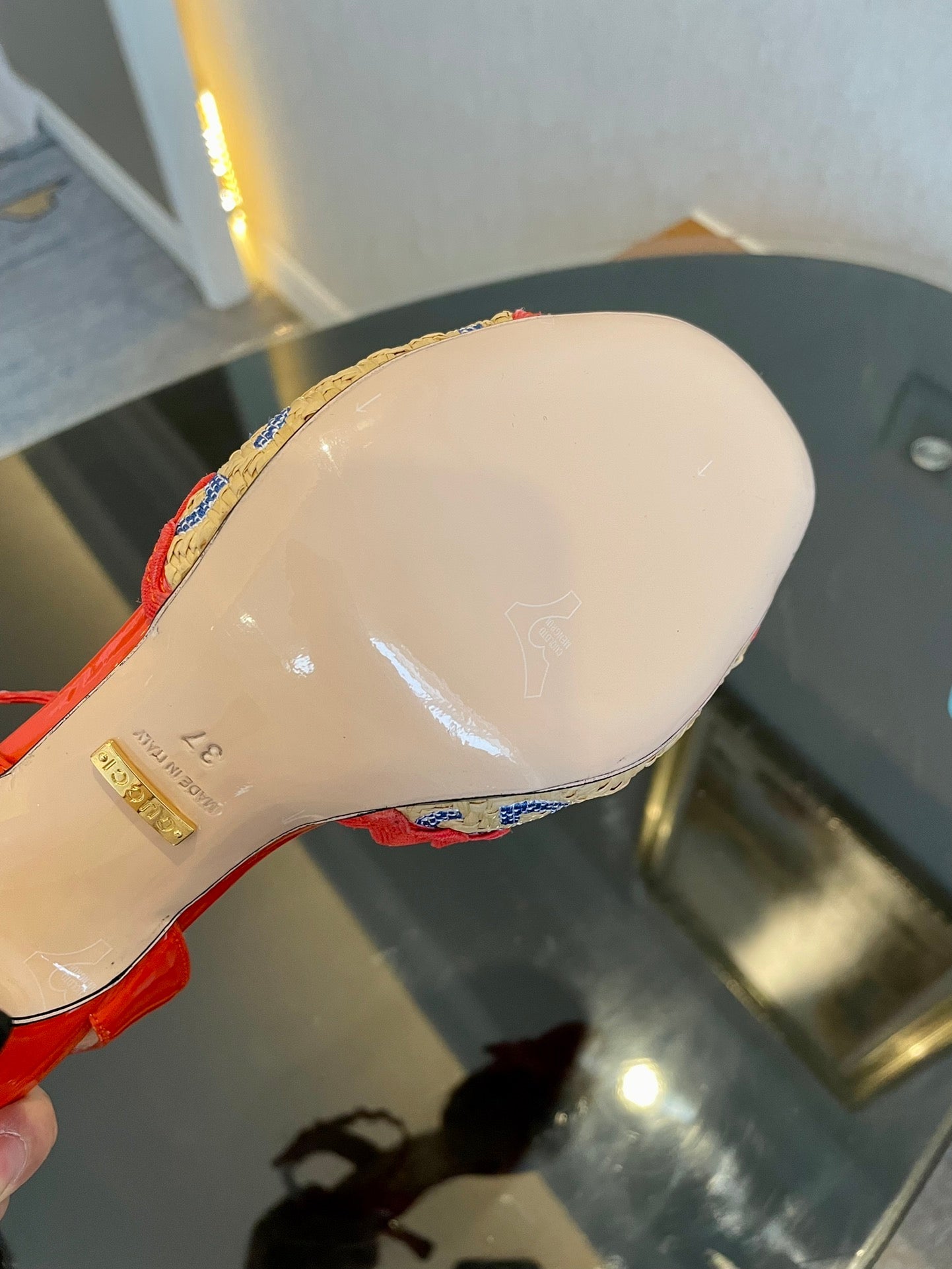 GG Kertu Heel Sandals 8cm Beige Red Blue Raffia Leather 695681