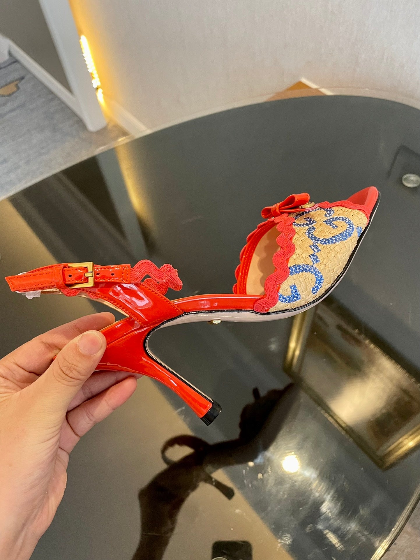 GG Kertu Heel Sandals 8cm Beige Red Blue Raffia Leather 695681