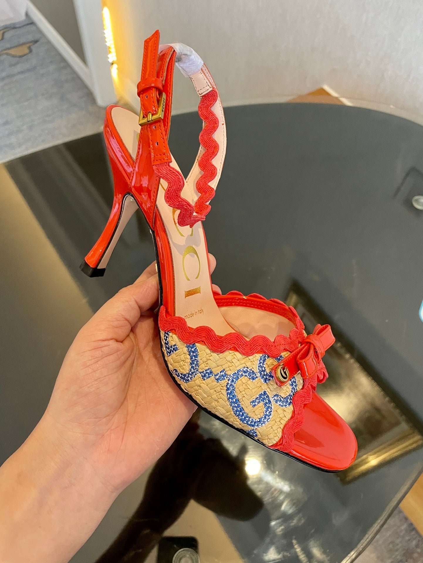 GG Kertu Heel Sandals 8cm Beige Red Blue Raffia Leather 695681