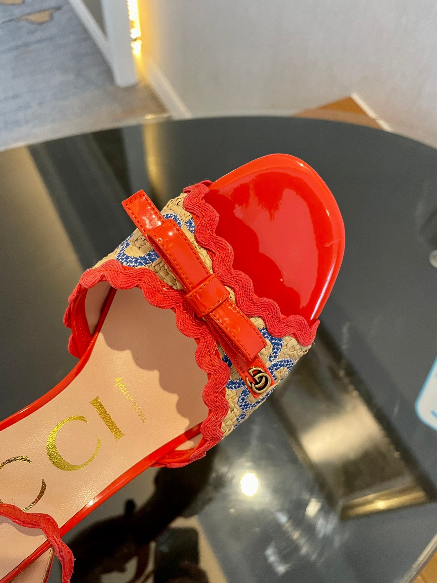 GG Kertu Heel Sandals 8cm Beige Red Blue Raffia Leather 695681